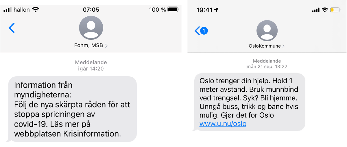 det svenska och norska sms:et intill varandra