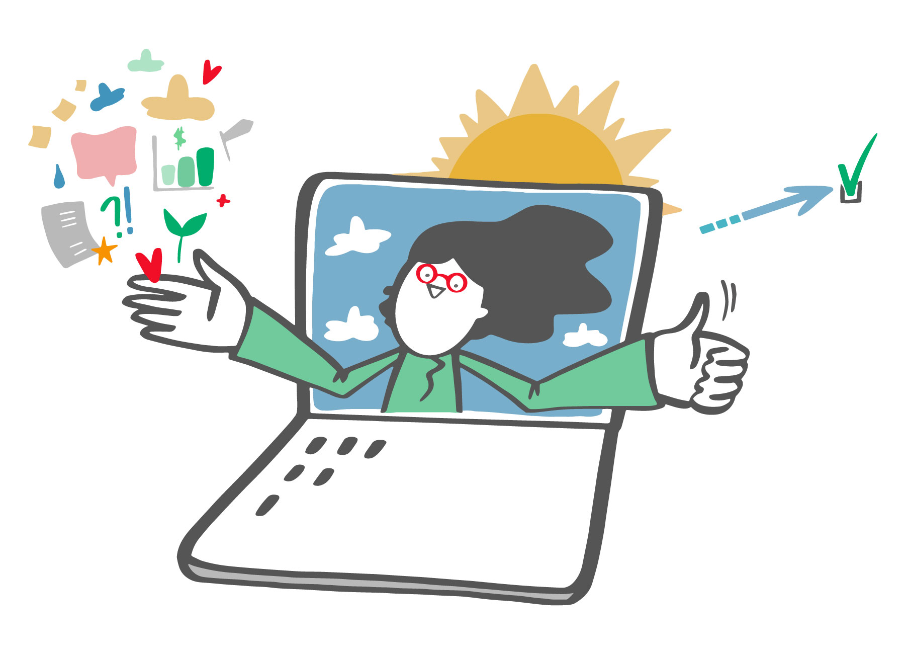 en laptop där en person syns i halvfigur och armarna sticker ut från skärmen. Många små symboler syns runt händerna i många olika färger.