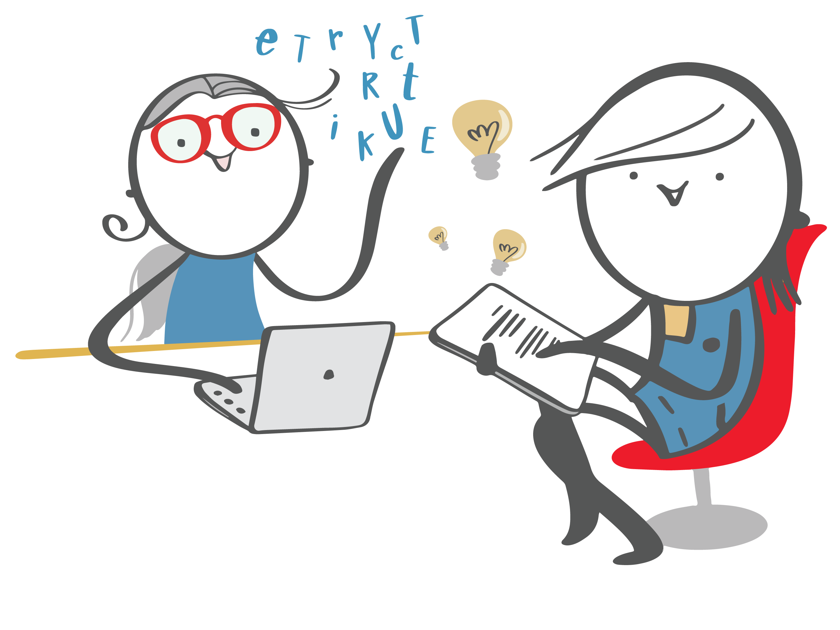 ulrika vid laptop med bokstäver flygande runt, i fåtölj sitter läsare och en strålande glödlampa syns intill pappret. Illustration.