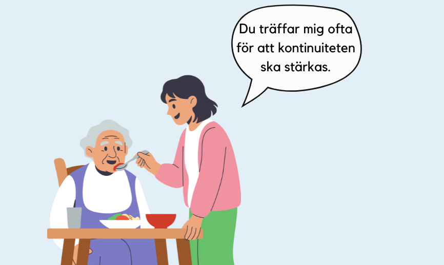 En äldre person får hjälp att äta av en yngre. I pratbubblan över den yngre står det: Du träffar mig ofta för att kontinuiteten ska stärkas.