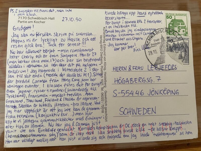 tättskrivet vykort med tyska frimärken och adresserat till Jönköping