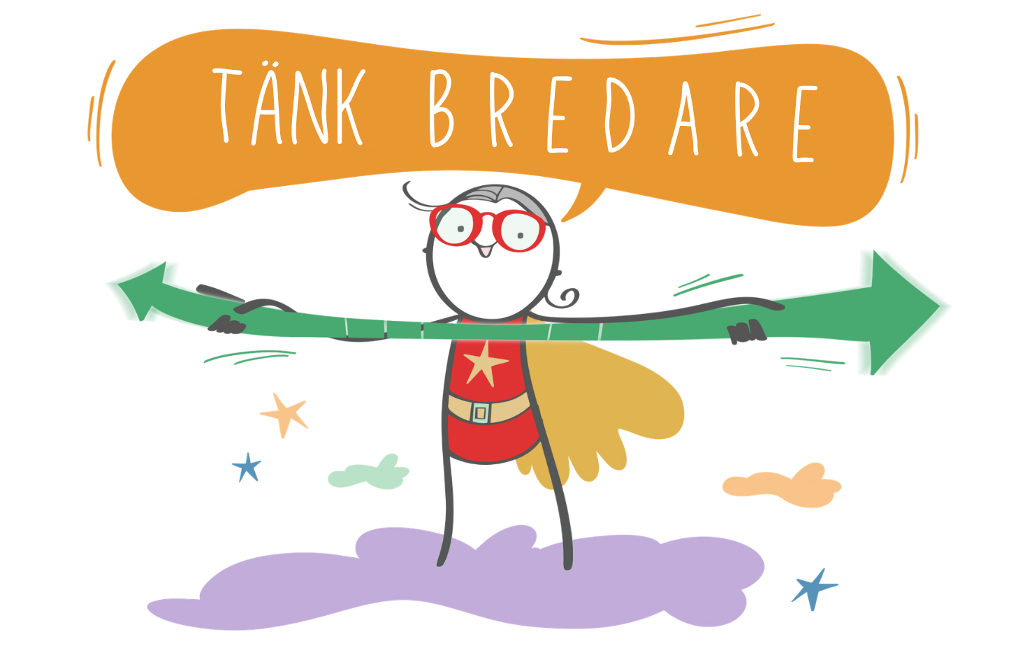 Tänk_bredare_med_text Tecknad Ulrika i superhjältedräkt, med utsträckta händer som drar ut en dubbelriktad grön pil. Över Ulrika syns pratbubbla med texten Tänk bredare..