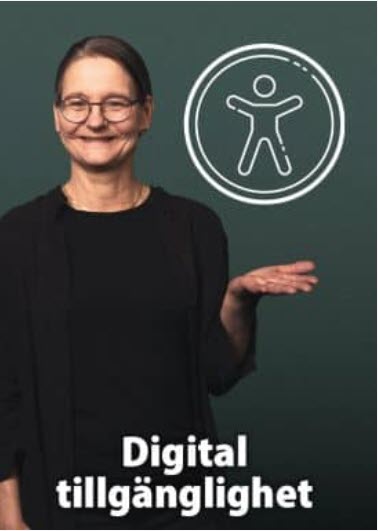 Leende Ulrika räcker ut höger hand, över den syns en tillgänglighetssymbol. Text i bild: Digital tillgänglighet.