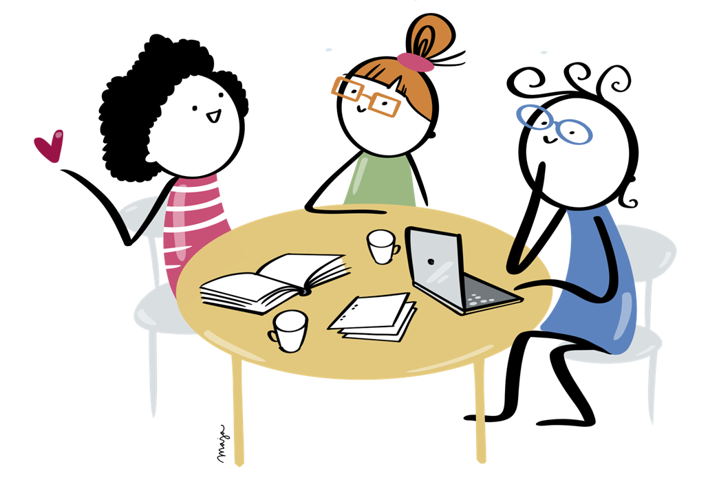 Illustration-arbetsrum-larrum-samarbete-maja-larsson_liggande Tre personer sitter vid ett bord och diskuterar. En har ett häfte uppslaget, en annan en laptop.